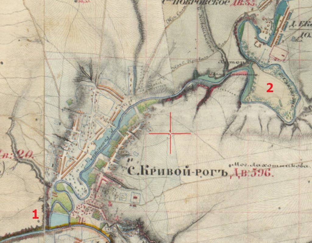 Нижня течія Саксагані на мапі 1853 р.
1 – район гирла Саксагані
2 – «Галковський Кут»